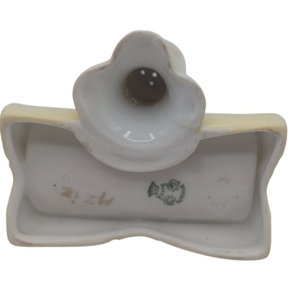 Rare Bavarian Porcelain Hat Pin Holder With Attached Trinket Dish Green & Yellow - Picture 9 of 14
